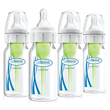 Dr. Brown's Natural Flow Anti-Colic Options+ Narrow Baby Bottles 4 oz/120 mL, with Level 1 Slow Flow Nipple, 4 Count (Pack of 1), 0m+