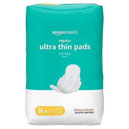 Amazon Basics Ultra Thin Pads with Flexi-Wings for Periods, Regular Absorbency, Unscented, Size 1, 36 Count, 1 Pack (Previously Solimo)