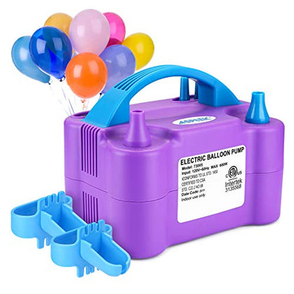 AGPTEK Electric Air Balloon Pump, 110V 600W Purple Portable Dual Nozzle Inflator/Blower for Party Decoration,with 2 Balloon Tying Tool