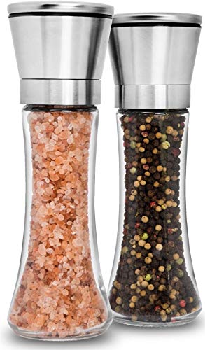 Home EC Premium Stainless Steel Sea Salt and Pepper Grinder Set of 2 - Adjustable Ceramic - Tall Glass Salt and Pepper Shakers - Pepper Mill & Salt Mill W/Funnel & EBook