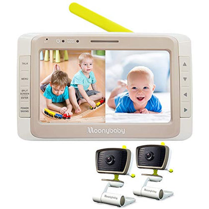 Moonybaby Split 50 Baby Monitor with 2 Cameras and Audio, Non-WiFi, Large Screen with Wide View, Screen Split, Auto Night Vision and Zoom, Sound Activated, Temperature, 2-Way Talk, Range up to 1000ft