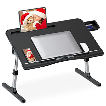 HETTHI Bed Desk for Laptop, Adjustable Laptop Desk with Foldable Legs Storage Drawer Tablet Slot Removable Stopper, Portable Lap Desk for Writing Working Reading Eating(Large, Black)