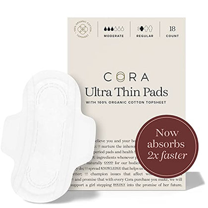 Cora Organic Pads | Ultra Thin Period Pads with Wings | Regular Absorbency | Ultra-Absorbent Sanitary Pads for Women | 100% Organic Cotton Topsheet  (18 Count)