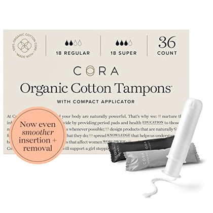 Cora Organic Applicator Tampon Multipack | 18 Regular and 18 Super Absorbency | 100% Organic Cotton, Plant-Based | Leak Protection | 36 Count Total
