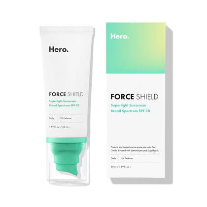 Force Shield Superlight Sunscreen SPF 30 from Hero Cosmetics - Everyday SPF 30 for Acne-Prone Skin with Zinc Oxide, Green Surge, and Extremolytes, Fragrance Free and Reef Safe (50 ml)