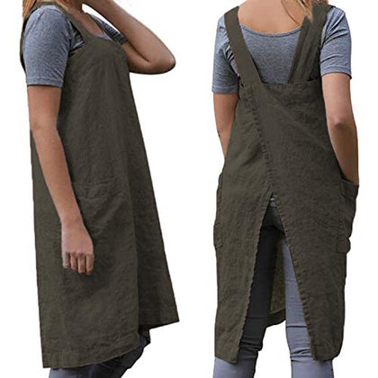 Women's Cross Back Pinafore Apron with Large Pockets Home Kitchen, Restaurant, Coffee house,Cooking Gardening Works ArmyGreen-S