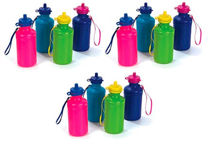 12 Kids Water Bottles Bulk Pack, Summer Beach Accessory | Holds 18 Ounces, 6 Different Neon Colors With Wrist Strap (12 Pack)