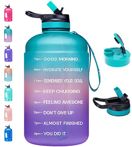 Venture Pal Half Gallon Water Bottle with 2 Lids, Large 64 oz Water Jug with Motivational Time Marker to Ensure You Drink Enough Water-Green/Pink/Purple Gradient