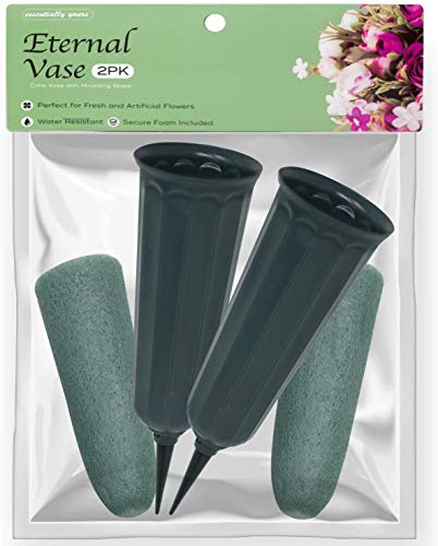 Essentially Yours Memorial Floral Vase with Foam Inserts (Green, 2 Pack) | Vases with Ground Stakes for Outdoor Use, Fresh or Artificial Flowers