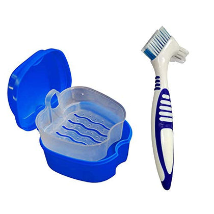 KISEER Denture Bath Case Cup Box Holder Storage Container with Denture Cleaner Brush Strainer Basket for Travel Cleaning (Blue)