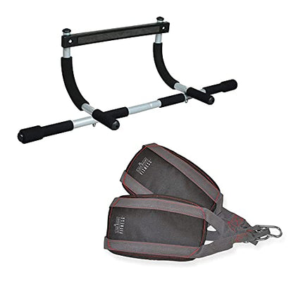 Iron Gym Pull Up Bar & Ab Straps - Total Upper Body Workout Bar for Doorway, Adjustable Width Locking, No Screws Portable Door Frame Horizontal Chin-up Bar, Fitness Exercise, Black (IRONG-MC4-Strap)