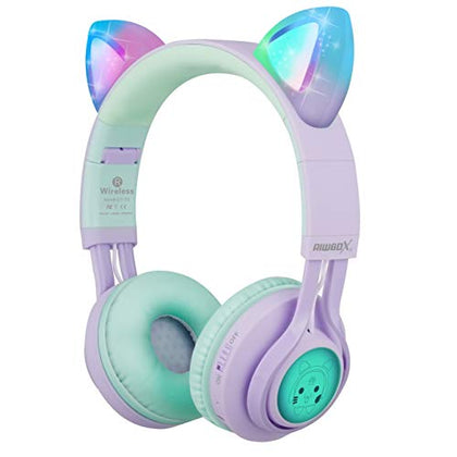 Riwbox Kids Wireless Headphones, CT-7S Cat Ear Bluetooth, 85dB Volume Limiting, LED Light Up Over Ear with Microphone for Laptop/PC/TV (Purple&Green)