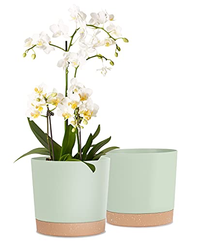 kubvici Indoor Plant Pots Set of 2 Planters 8 inch Plastic Planter with Hole & Saucer Modern Decorative for Outdoor Garden Home (Green, 8 inch)