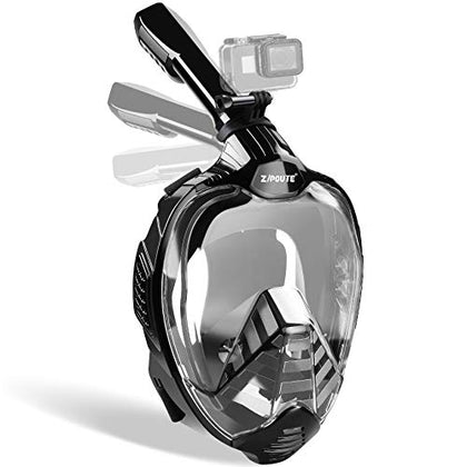 ZIPOUTE Snorkel Mask Full Face, Full Face Snorkel Mask Adult and Kids with Detachable Camera Mount, Snorkeling Mask 180 Panoramic View Anti-Fog Anti-Leak Dry Top Set with Adjustable Straps (Black S/M)