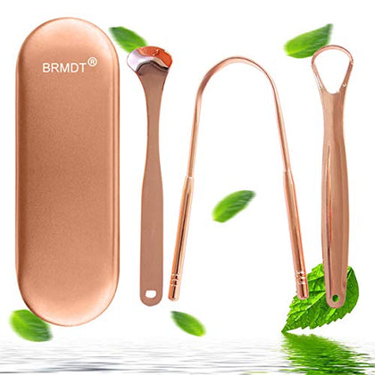 BRMDT Tongue Scraper Tongue Cleaner for Adults - Professional Tongue Cleaning Tool to Reduce Bad Breath, Medical Grade Safety Stainless Steel Tongue Scrapers with Storage Case (Rose Gold)