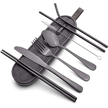 Portable Stainless Steel Flatware Set, Travel Camping Cutlery , Portable Utensil Silverware Dinnerware Set with a Waterproof Case (Black)