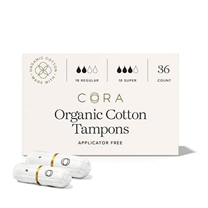 Cora 100% Organic Cotton Non-Applicator Tampons | Ultra-Absorbent, Unscented, Natural, Non-Toxic, Applicator Free | Eco-Conscious (36 R/S Tampons)