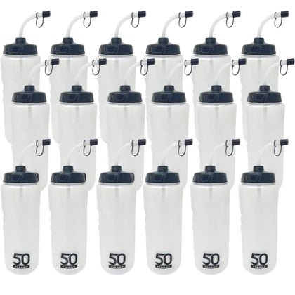 50 Strong 1 Liter Water Bottle with Straw | Hockey Water Bottle with Long Straw | Easy Squeeze Bottles + Built In Finger Grip | Bulk Water Bottles 18 Pack | BPA-Free Sports Water Bottle | Made in USA