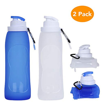 Collapsible Water Bottles(2 Count), MCOMCE Foldable Water Bottles for Travel & Collapsable Water Bottle with Clip for Backpack, Portable Silicone Water Bottle, Collapse Water Bottles for Travel