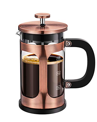 BAYKA 21 Ounce French Press Coffee Tea Maker Small, Stainless Steel Coffee Press Single Serve, Heat Resistant Thickened Borosilicate Glass, Copper 0.6 Liter