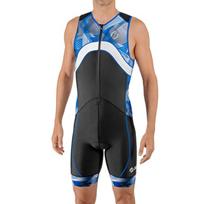 SLS3 Triathlon Suits Mens - Premium FX Tri Suit Men Triathlon - Sleeveless Trisuit Triathlon Men - Quick Drying Mens Triathlon Suit - Mens Tri Kit, Padded Skinsuit, Pocket (Black/Blue Geo, Small)