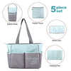 Baby Essentials Diaper Bag Tote 5 Piece Set with Sun, Moon, and Stars, Wipes Pocket, Dirty Diaper Pouch, Changing Pad (Grey/Aqua)