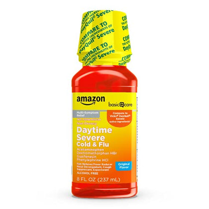 Amazon Basic Care Severe Daytime Cold & Flu, Maximum Strength Liquid Medicine, Relieves Aches, Pain, Fever, Cough, Nasal & Chest Congestion, Sore Throat, 8 Fl Oz, Original Flavor