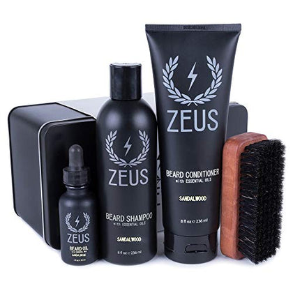 ZEUS Deluxe Beard Wash & Grooming Kit for Men - Natural Beard Oil, Beard Wash Combo & Beard Brush Gift Set (Sandalwood)