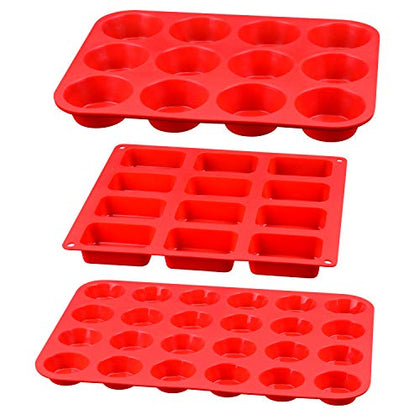 Silicone Muffin Pan - Silicone Molds Including Mini 24 Cups, Regular 12 Cups Muffin Pan & 12 Cavities Mini Loaf Pan 3-in-1 Set for Egg Muffin, Cupcakes, Brownies, Fat Bombs