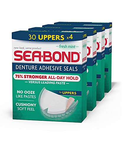 Sea-Bond Secure Denture Adhesive Seals, Fresh Mint Uppers, Zinc-Free, All-Day-Hold, Mess-Free, 30 Count (Pack of 4)