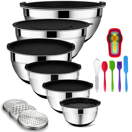 Mixing Bowls Set with Airtight Lids, 20PCS Stainless Steel, Nesting Bowls with 3 Grater Attachments & Non-Slip Bottoms, Size7, 4, 3, 2, 1.5, 1QT Bowls for Baking&Prepping