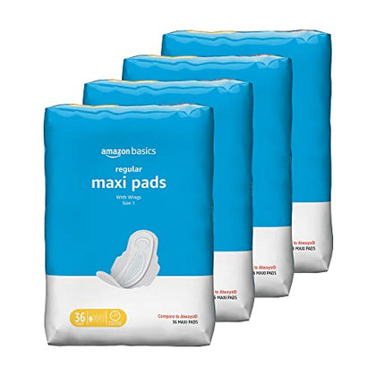 Amazon Basics Thick Maxi Pads with Flexi-Wings for Periods, Regular Absorbency, Unscented, Size 1, 144 Count, 4 Packs of 36 (Previously Solimo)