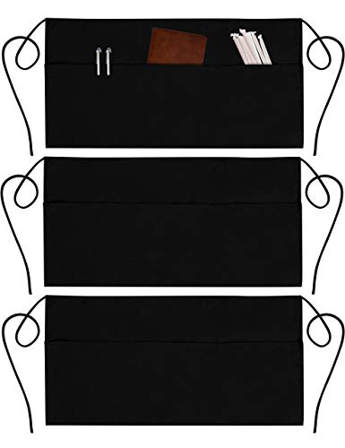 GREEN LIFESTYLE 3 Pack Server Aprons with 3 Pockets - Waist Apron, Waitress Apron for Women and Man, Water Resistant with Long Waist Strap Reinforced Seams, Half Apron (Black)