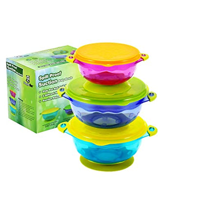 PandaEar Stay Put Spill Proof Stackable Baby Suction Bowls 3 Sizes for Toddlers with Silicone Feeding Utensils and Secure Lids BPA Free