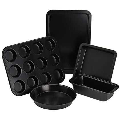 Tebery 5 Pack Nonstick Bakeware Set Includes Cookie Sheet, Loaf Pan, Square Pan, Round Cake Pan, 12 Cups Muffin Pan