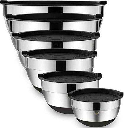 Umite Chef Mixing Bowls with Airtight Lids?6 piece Stainless Steel Metal Nesting Storage Bowls, Non-Slip Bottoms Size 7, 3.5, 2.5, 2.0,1.5, 1QT, Great for Mixing & Serving(Black)