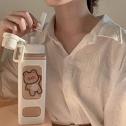 JQWSVE Cute Water Bottles, Kawaii Bear Water Bottle with Straw and Sticker, Portable Square Drinking Bottle Cute Juice Tea Water Cup