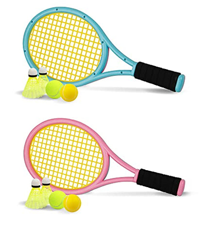 Nileatry Kid Tennis Racket with Bag,Plastic Racquet Include 2 Foam Ball,2 Tennis Ball,4 Badminton for Children,Toddler Outdoor/Indoor Sport Play (Pink&Blue)