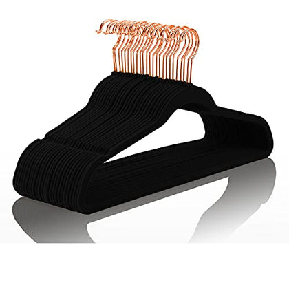 MIZGI Premium Velvet Hangers (30 Pack) Heavy Duty- Non Slip - Velvet Suit Hangers Black - Copper/Rose Gold Hooks,Space Saving Clothes Hangers (Black)