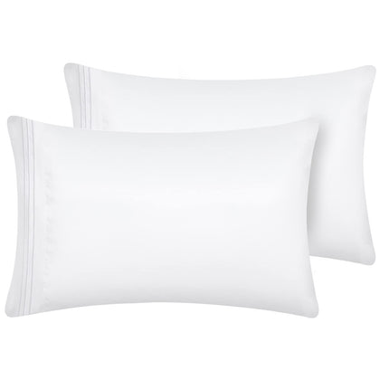 CozyLux Pillow Cases Queen Set of 2 Luxury 1800 Series Double Brushed Microfiber Bed Pillow Cases Embroidered 2 Pack 20x30 inches, White Pillow Covers with Envelope Closure