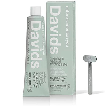 Davids Natural Toothpaste for Teeth Whitening, Peppermint, Antiplaque, Fluoride Free, SLS Free, EWG Verified, Toothpaste Squeezer Included, Recyclable Metal Tube, 5.25oz