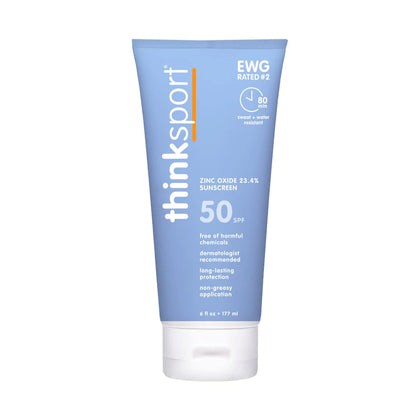 Thinksport SPF 50+ Mineral Sunscreen - Safe, Natural Sunblock for Sports & Active Use - Water Resistant Sun Cream -UVA/UVB Sun Protection - Vegan, Reef Friendly Sun Lotion, 6oz