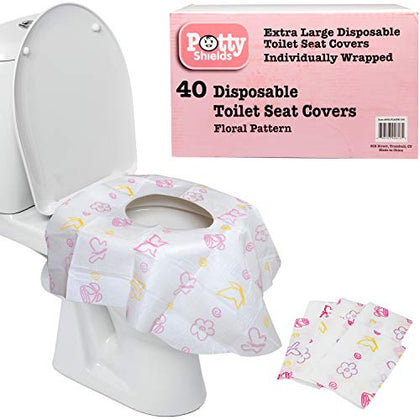 Disposable Toilet Seat Covers for Kids & Adults (40 Pack) Germ Protect from Public Toilets - Waterproof, Individually-Wrapped, Plastic Lined for No Soak Thru, XL to Cover the WHOLE Toilet -Pink/Floral