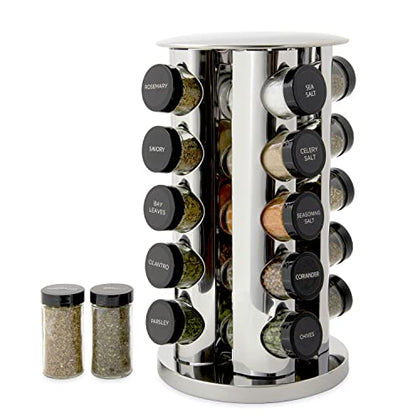 Kamenstein 20 Jar Revolving Countertop Spice Rack with Spices Included, FREE Spice Refills for 5 Years, Polished Stainless Steel with Black Caps, 30020