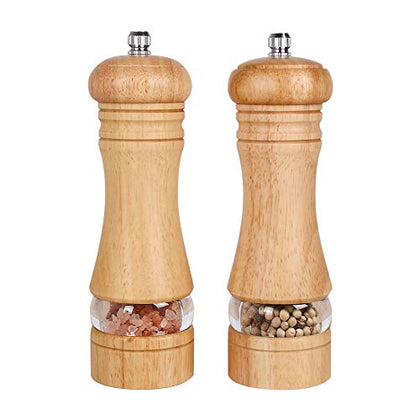 Haomacro Salt and Pepper Grinder Set, Wood Pepper Mills,Wooden Salt Grinders Refillable Manual Pepper Ginder with Acrylic Visible Window,Ceramic Grinding Core- 6.5 Inches-Pack of 2