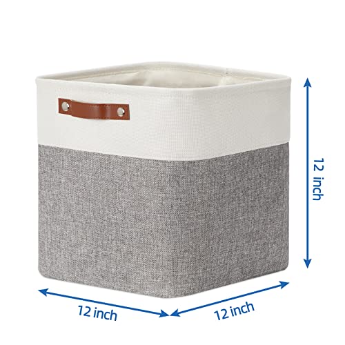 Temary 12 Inch Storage Baskets Foldable Fabric Storage Cubes 4PCs Storage Bins Organizer with Handles, Baskets for Organizing Clothes, Toys, Towels (White & Grey, 12 x 12 x 12)