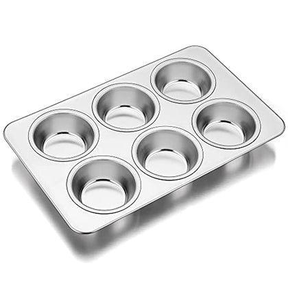 TeamFar Muffin Pan, 6 Cup Muffin Pan for Baking, Cupcake Pan Muffin Tin Tray Set Stainless Steel for Making Cakes Cornbread Quiche and More, Healthy & Durable, Oven & Dishwasher Safe