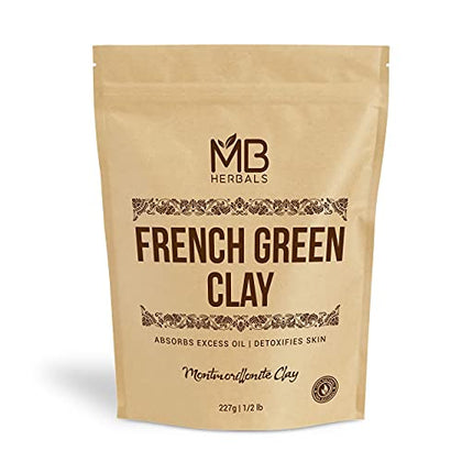 MB Herbals French Green Clay 8 oz | 0.5 lb / 227 Gram | 100% Pure Montmorillonite Clay | Absorbs Excess Oil | Detoxifies Skin | Recommended For Oily Skin | No Chemical Preservatives