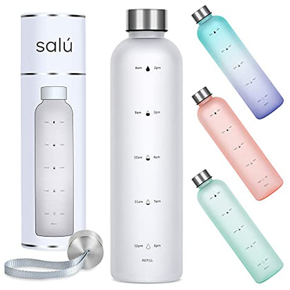 Salú 32 oz TRITAN/BPA-Free Water Bottle w/Time Marker, White, Motivational Measurements w/Time & Volume, Frosted Plastic, EXTRA Lid for Gym, Sports, Travel, Fitness, or Work