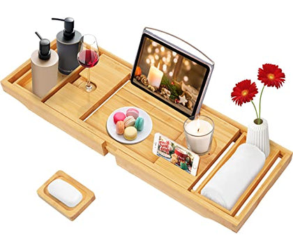 Bathtub Caddy Tray for Tub,Foldable Bamboo Bath Table Tray with Book and Wine Glass Holder, Expandable Bathroom Accessories with Free Soap Dish Suitable for Luxury Spa or Reading